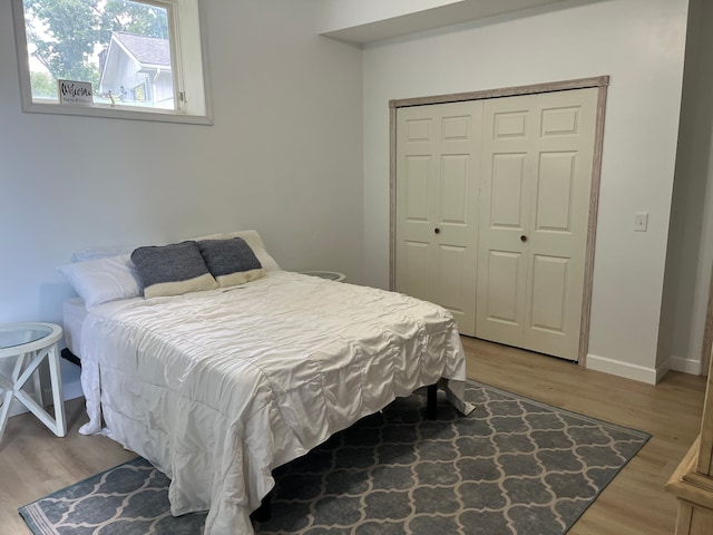 bedroom with wood-type flooring and a closet