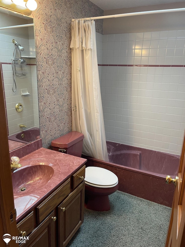 full bathroom featuring vanity, toilet, and shower / bath combo with shower curtain