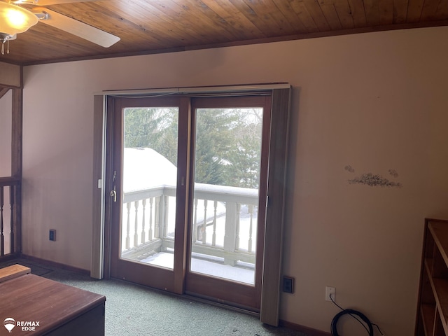 entryway with plenty of natural light, carpet flooring, and wooden ceiling