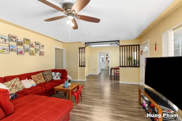 living room with ceiling fan and dark hardwood / wood-style floors