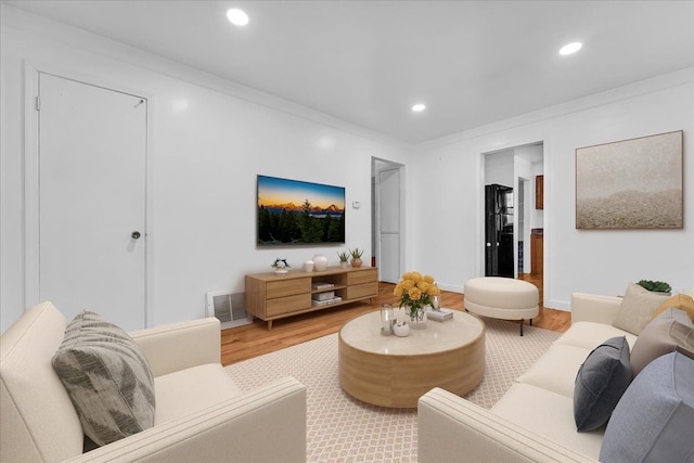 living room with crown molding and wood-type flooring