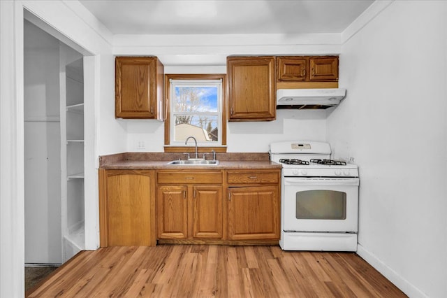 kitchen with white range with gas stovetop, light hardwood / wood-style flooring, and sink