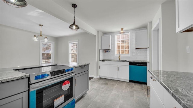 kitchen with sink, white cabinetry, hanging light fixtures, stainless steel appliances, and backsplash