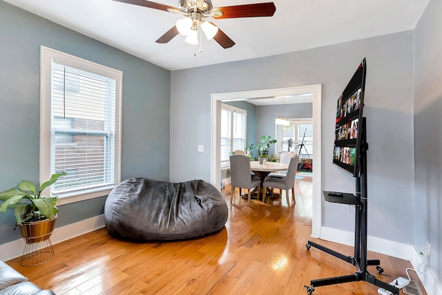 living area with baseboards, ceiling fan, and light wood-style floors