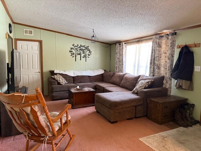 carpeted living room featuring crown molding and a textured ceiling