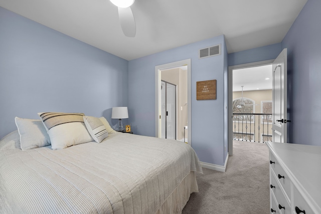 bedroom featuring a ceiling fan, light colored carpet, visible vents, and baseboards