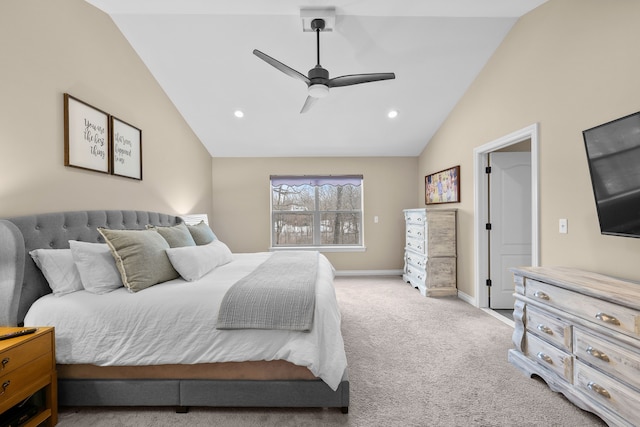 bedroom with light carpet, recessed lighting, a ceiling fan, and baseboards