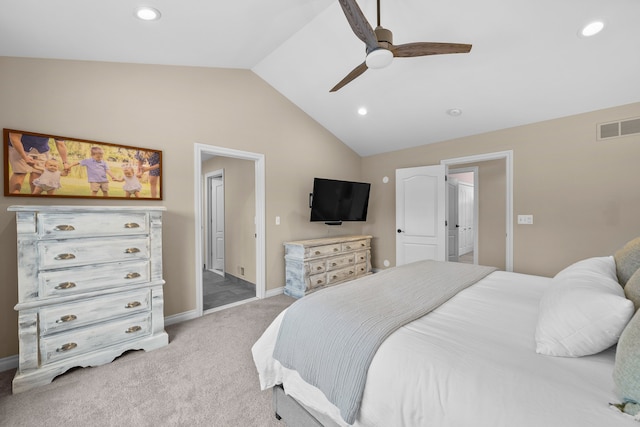 bedroom featuring recessed lighting, light carpet, a ceiling fan, visible vents, and vaulted ceiling