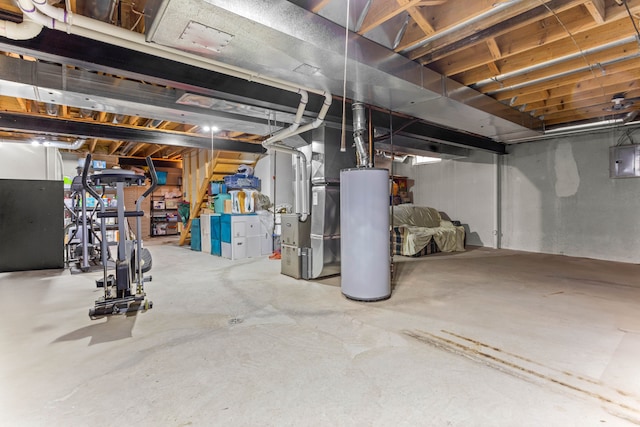 basement with heating unit, electric panel, and water heater