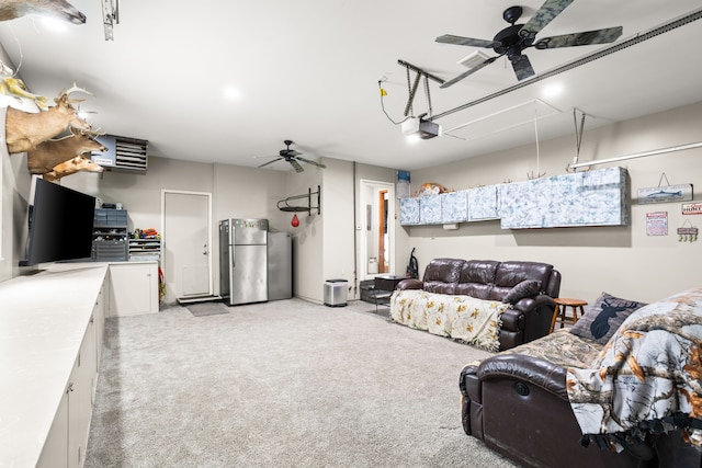 carpeted living room with ceiling fan