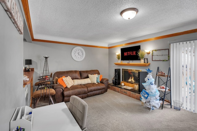 living room featuring crown molding, a brick fireplace, carpet, and a textured ceiling