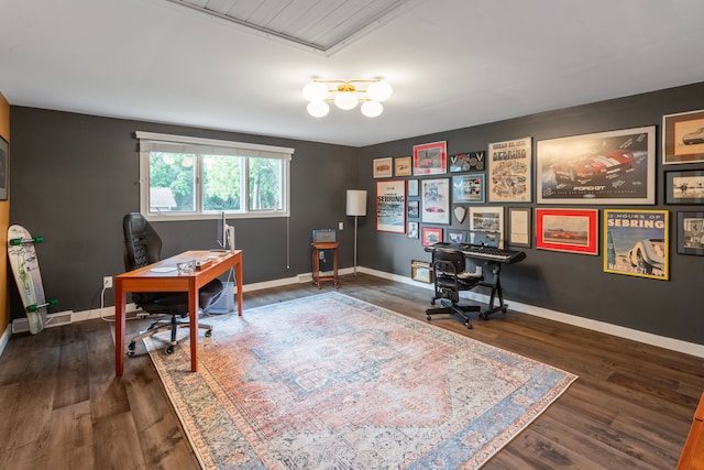 office area featuring dark wood-type flooring