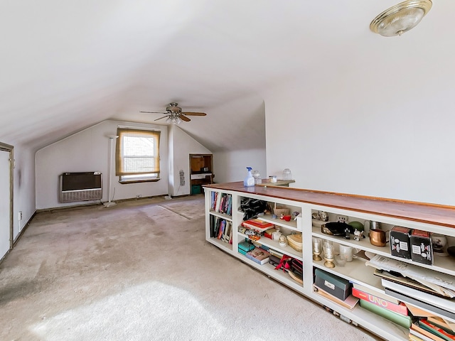 additional living space featuring vaulted ceiling, light carpet, heating unit, and ceiling fan