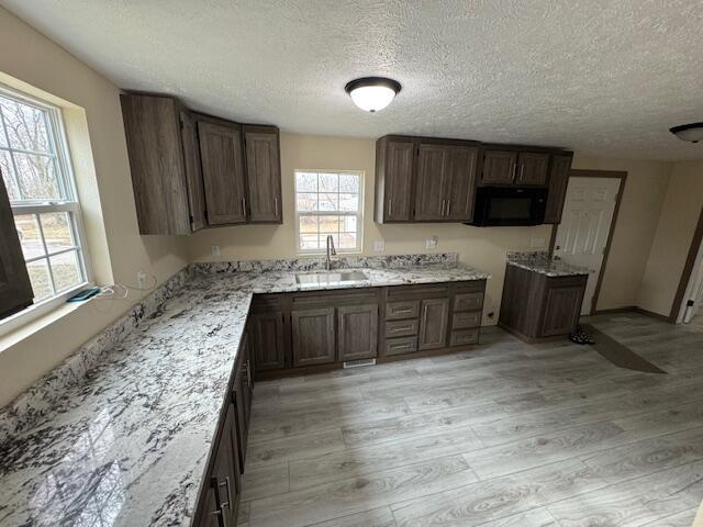 kitchen featuring sink, light hardwood / wood-style flooring, dark brown cabinetry, light stone counters, and a textured ceiling