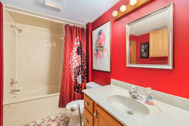 full bathroom featuring vanity, shower / bath combination with curtain, a textured ceiling, and toilet