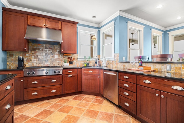 kitchen featuring appliances with stainless steel finishes, sink, backsplash, hanging light fixtures, and ornamental molding