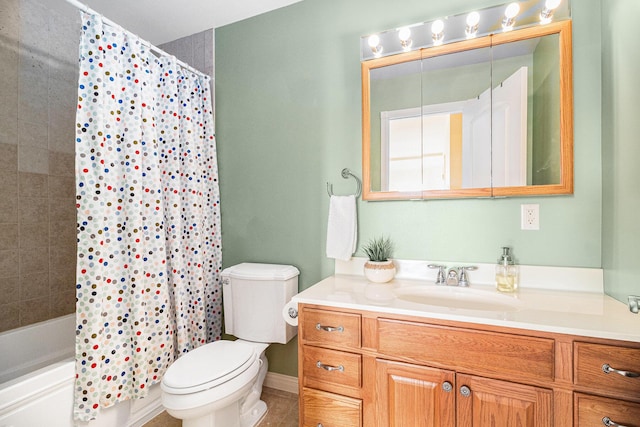 full bathroom with shower / bathtub combination with curtain, vanity, toilet, and tile patterned flooring