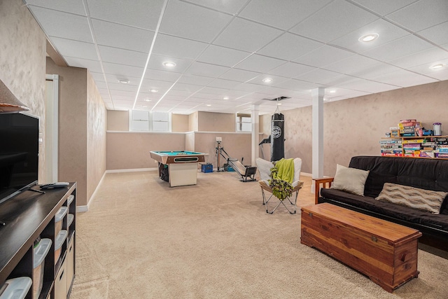 rec room with billiards, light carpet, and a drop ceiling