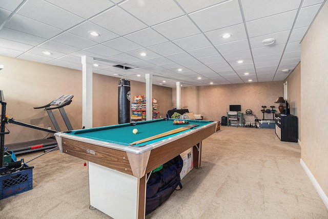 game room with light carpet and pool table