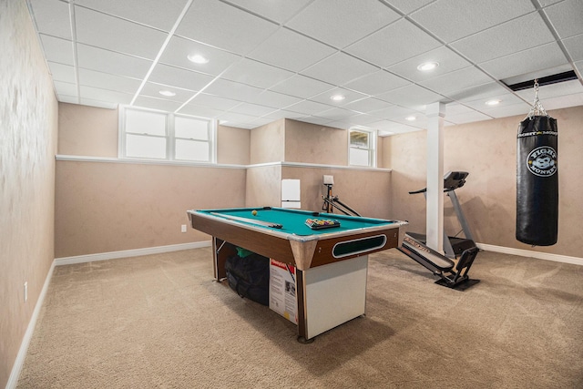 rec room with pool table, a paneled ceiling, carpet, and a wealth of natural light