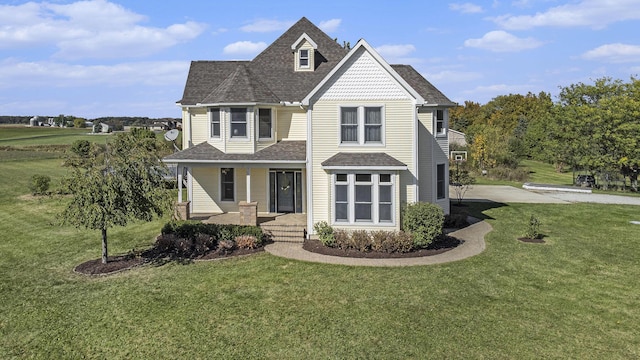 view of front of house with a porch and a front yard