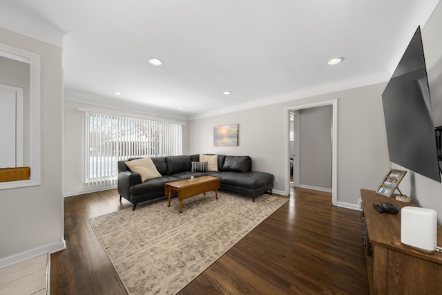 living room with dark hardwood / wood-style floors