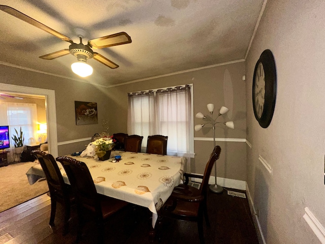 dining area with crown molding, dark wood-type flooring, a textured ceiling, and ceiling fan