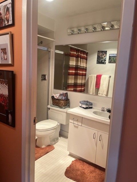 bathroom featuring toilet, a stall shower, and vanity