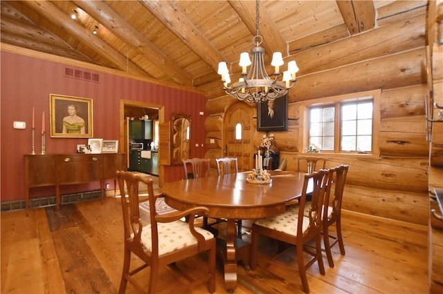 dining room with hardwood / wood-style floors, a notable chandelier, wooden ceiling, and rustic walls