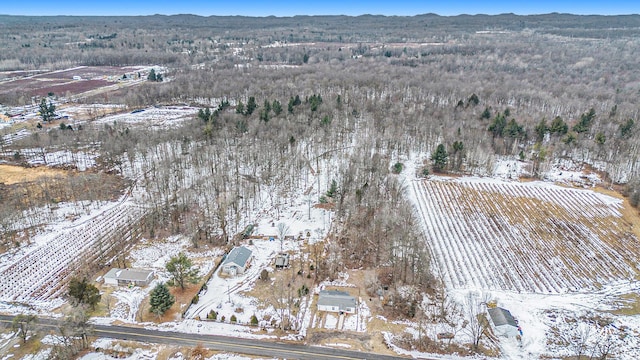 snowy aerial view featuring a mountain view