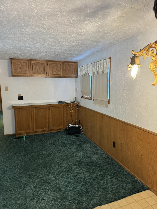 carpeted empty room with a textured ceiling and wood walls