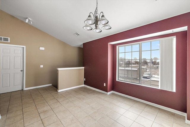 unfurnished dining area with light tile patterned flooring, lofted ceiling, and a chandelier