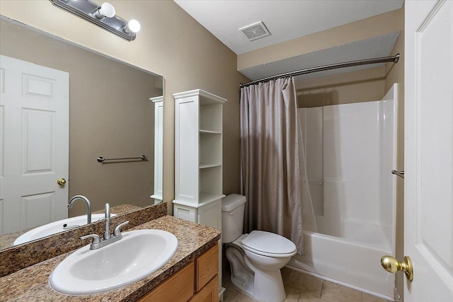 full bathroom featuring shower / bathtub combination with curtain, vanity, tile patterned floors, and toilet