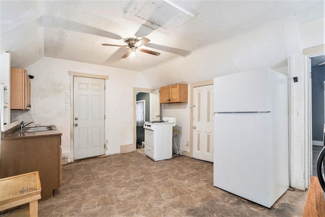 kitchen featuring ceiling fan, lofted ceiling, sink, and white appliances