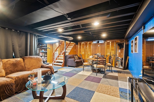 interior space featuring wood walls