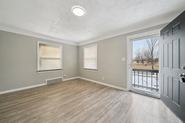 spare room featuring plenty of natural light, a textured ceiling, and light hardwood / wood-style floors