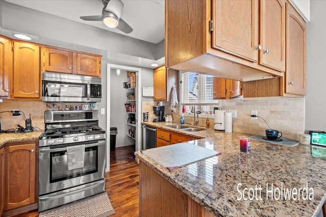 kitchen featuring sink, dark wood-type flooring, stainless steel appliances, and light stone countertops