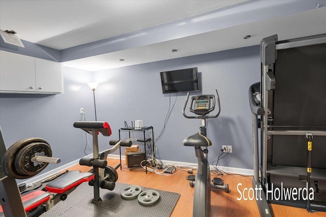 exercise room featuring wood-type flooring