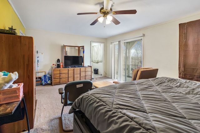 bedroom with light carpet, access to exterior, crown molding, and ceiling fan