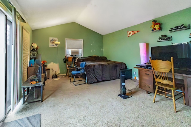 carpeted bedroom with cooling unit and lofted ceiling