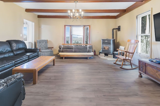 living room featuring beamed ceiling, a healthy amount of sunlight, and hardwood / wood-style floors