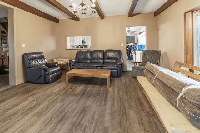 living room with ceiling fan with notable chandelier, dark wood-type flooring, and beamed ceiling