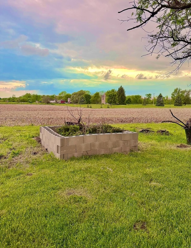 yard at dusk featuring a rural view