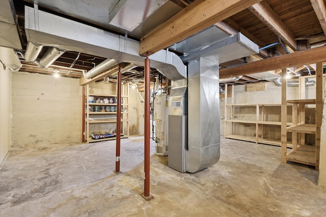 basement with heating unit and gas water heater