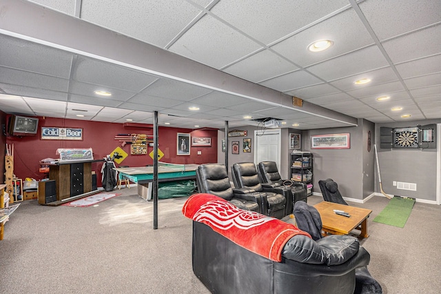 game room featuring a paneled ceiling, carpet flooring, and baseboards