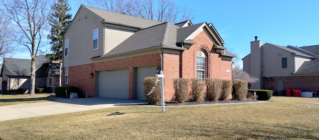 54354 Bryce Canyon Trl, Macomb, MI 48042 - view of side of home featuring concrete driveway, roof with shingles, a yard, and brick siding