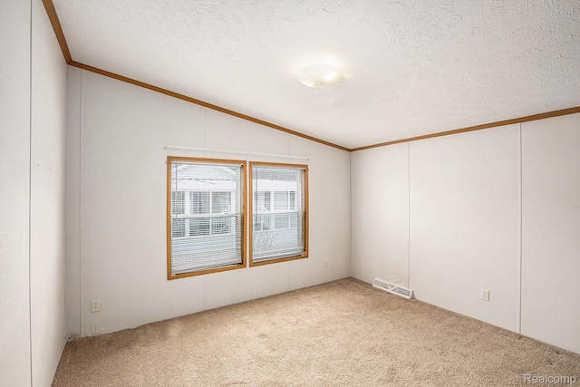 5128 Twin Lakes Dr, Kimball, MI 48074 - spare room featuring carpet, vaulted ceiling, a textured ceiling, and crown molding