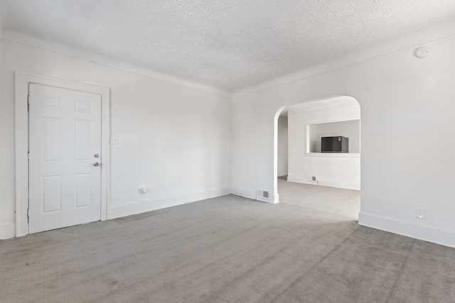 spare room with light carpet and a textured ceiling