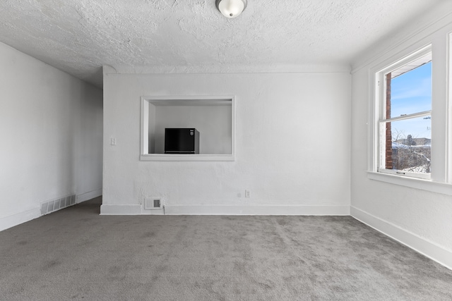 carpeted empty room featuring a textured ceiling