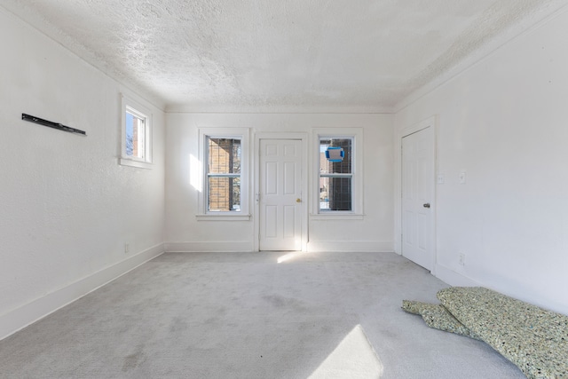 interior space featuring light carpet and a textured ceiling